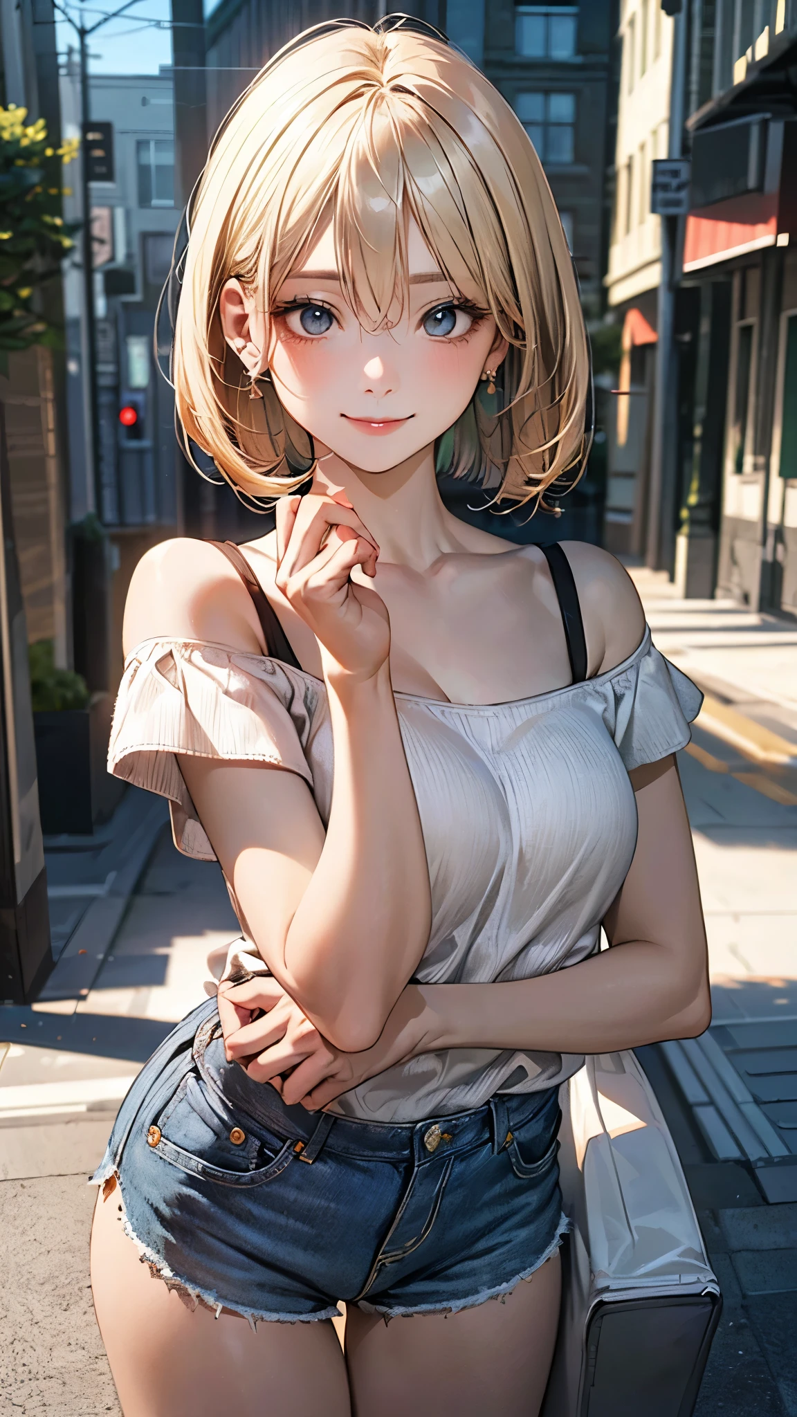 (masterpiece:1.2, top-quality), (realistic, photorealistic:1.4), beautiful illustration, (perfect lighting, natural lighting), depth of fields, 
beautiful detailed hair, beautiful detailed face, beautiful detailed eyes, beautiful clavicle, beautiful body, beautiful chest, beautiful thigh, beautiful legs, beautiful hands, 
looking at viewer, 1 girl, high school girl, perfect face, cute and symmetrical face, shiny skin, 
(short hair:1.5, bob cut:1.2, ash blonde hair), hair between eyes, blue eyes, drooping eyes, big eyes, long eye lasher, (medium breasts, thick thighs), 
(short sleeve off-shoulder yellow green sweater, black tanktop, denim shorts roll-up), 
(beautiful scenery), evening, (street:1.2), standing, (lovely smile, upper eyes), 