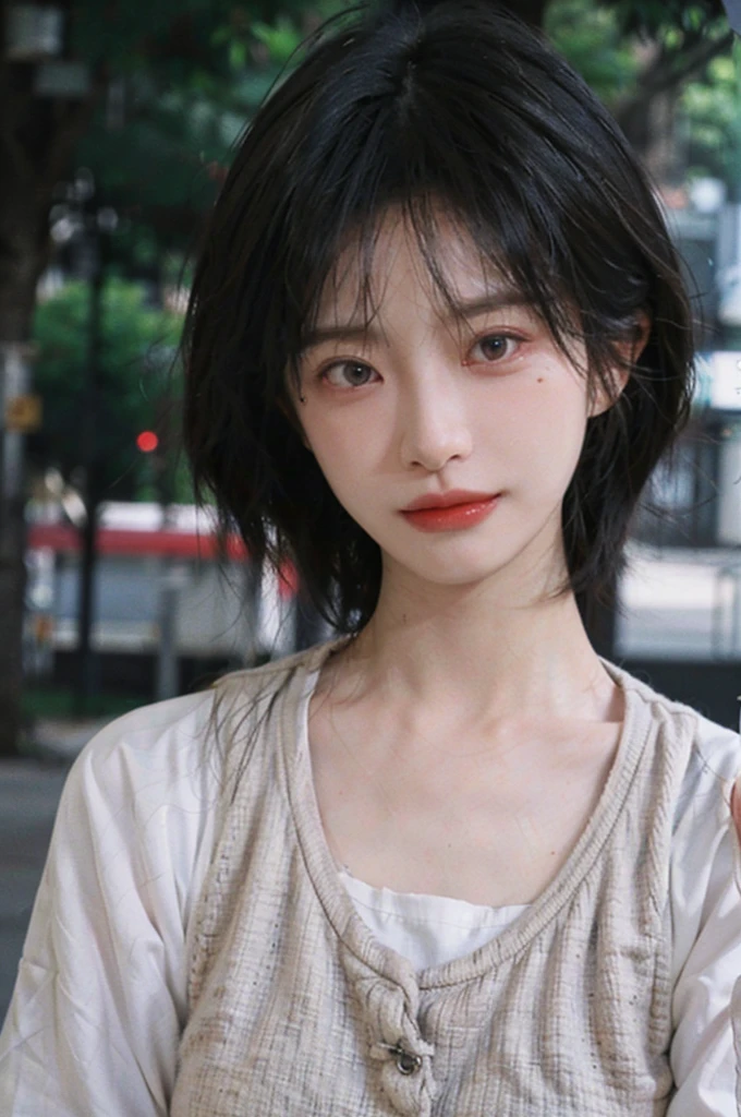 (Skin details:1.4), (smooth skin textures:1.3), Lipstick, background, Direct vision, earrings, serene, calm, (Realistic and detailed eyes:1.2), Natural skin texture, Realistic facial details, Soft dramatic lighting, Vivid details, 35 mm film, outdoor, (Photo Practical:1.4), (hyper Practical:1.4), (Practical:1.3), (Smoother lighting:1.05), (Improve lighting quality:0.9), (Highest quality real skin textures:1.4), Exquisite eyes, Delicate face, Close-up of face, (Enhance the beauty of skin texture:1.1), Hair details, Vest,normal body ratio, short hair, Moles under the eyes, thinking, A faint smile,公园background,Portrait Photography, Depth of Field, Bokeh, Surrealism, Ray Tracing, (Portrait Photography:1.1), Surrealism, High Detail, Chiaroscuro, Ray Tracing, reflected light, Ultra HD, Ultra HD, masterpiece, Textured Skin, Super Detail, High Detail, high quality, best quality