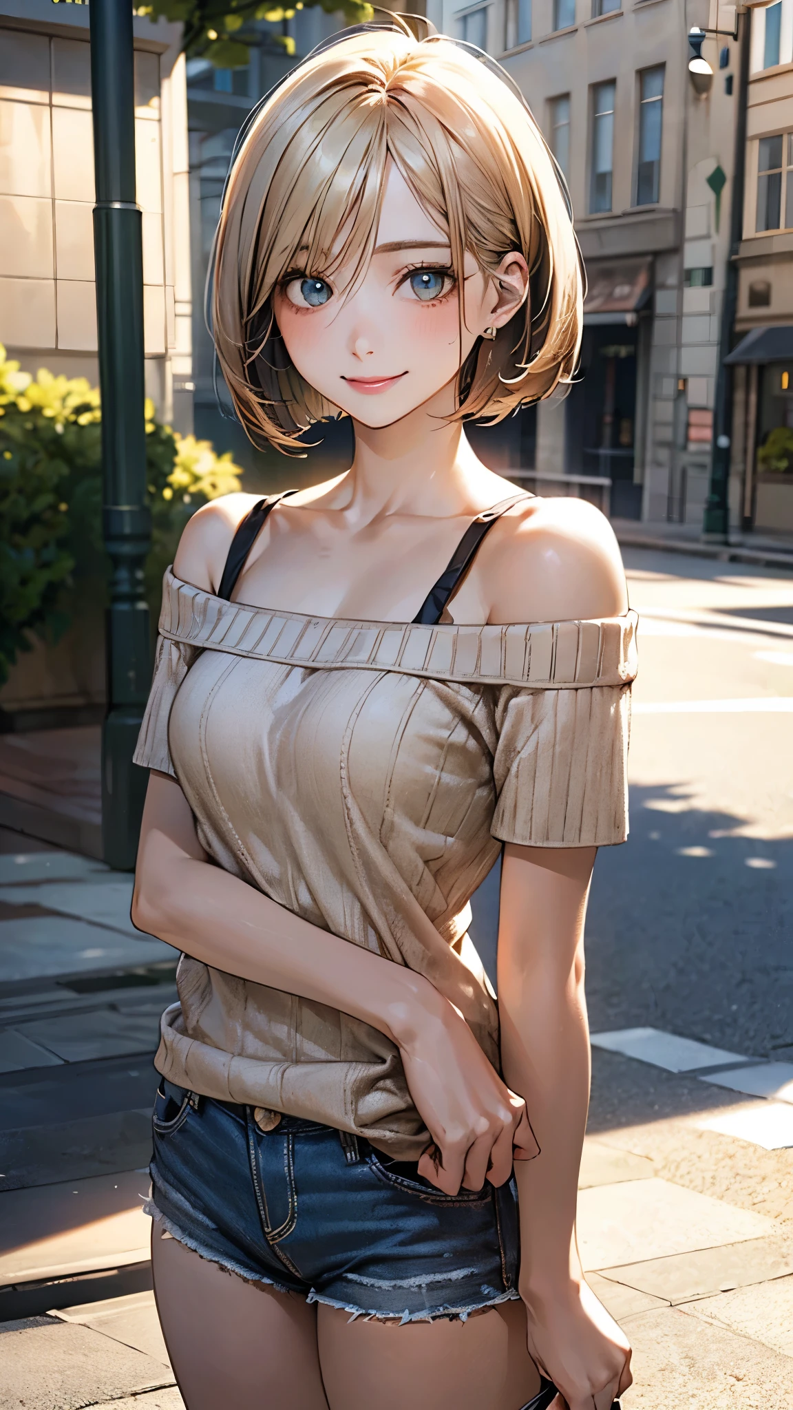 (masterpiece:1.2, top-quality), (realistic, photorealistic:1.4), beautiful illustration, (perfect lighting, natural lighting), depth of fields,
beautiful detailed hair, beautiful detailed face, beautiful detailed eyes, beautiful clavicle, beautiful body, beautiful chest, beautiful thigh, beautiful legs, beautiful hands,
looking at viewer, 1 girl, high school girl, perfect face, cute and symmetrical face, shiny skin,
(short hair:1.5, bob cut:1.2, ash blonde hair), hair between eyes, blue eyes, drooping eyes, big eyes, long eye lasher, (medium breasts, thick thighs),
(short sleeve off-shoulder yellow green sweater, black tanktop, denim shorts roll-up),
(beautiful scenery), evening, (street:1.2), standing, (lovely smile, upper eyes),