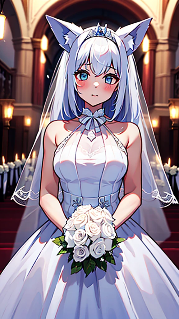 Ultra-high resolution,masterpiece, Attention to detail, Highest quality, 4K,(Animal Ears,White Hair,),(Blessed,Captivating body、Ultra-detailed skin、Beautiful Eyes、Detailed Background),One girl、(Wedding dress、Embarrassing:1.3),Wedding hall

