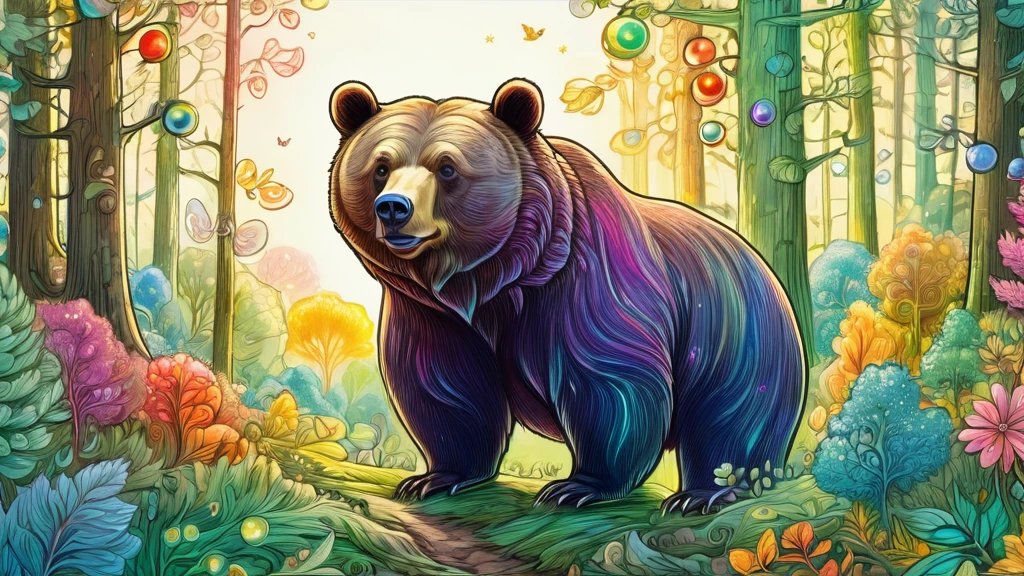 ((Close-up of a large bear in the center))、looks happy,An illustration,pop,colorfulに,draw with thick lines,color,in the forest、Happy dreams,Warm and full of happiness,,colorful,Fancy,Fantasy,,Detailed explanation,fluffy,Randolph Caldecott Style