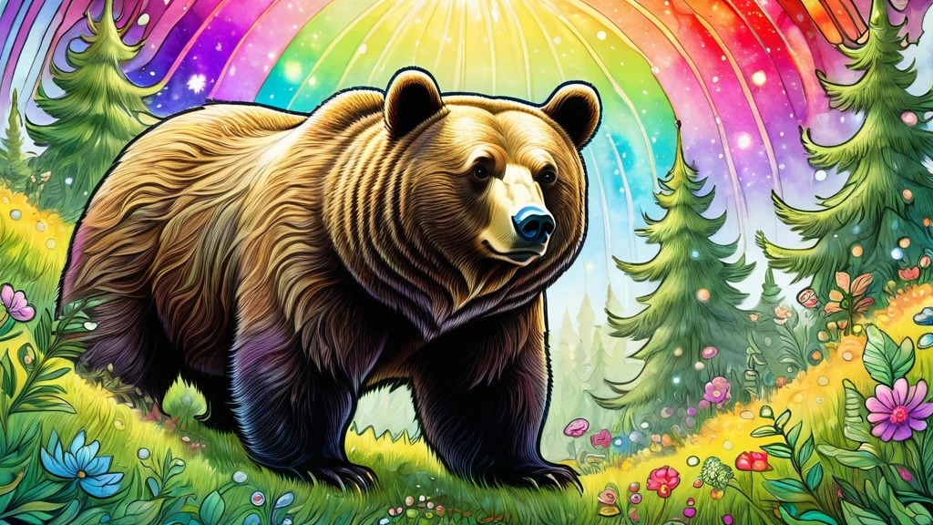 ((Close-up of a large bear in the center))、looks happy,An illustration,pop,colorfulに,draw with thick lines,color,in the forest、Happy dreams,Warm and full of happiness,,colorful,Fancy,Fantasy,,Detailed explanation,fluffy,Randolph Caldecott Style