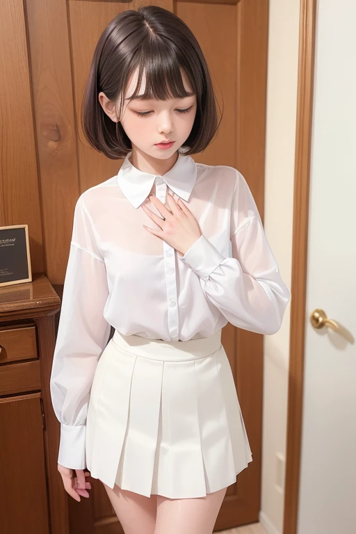 Japanese、middle School girls、whole body、All-see-through fabric clothing、Bobcut、mini skirt