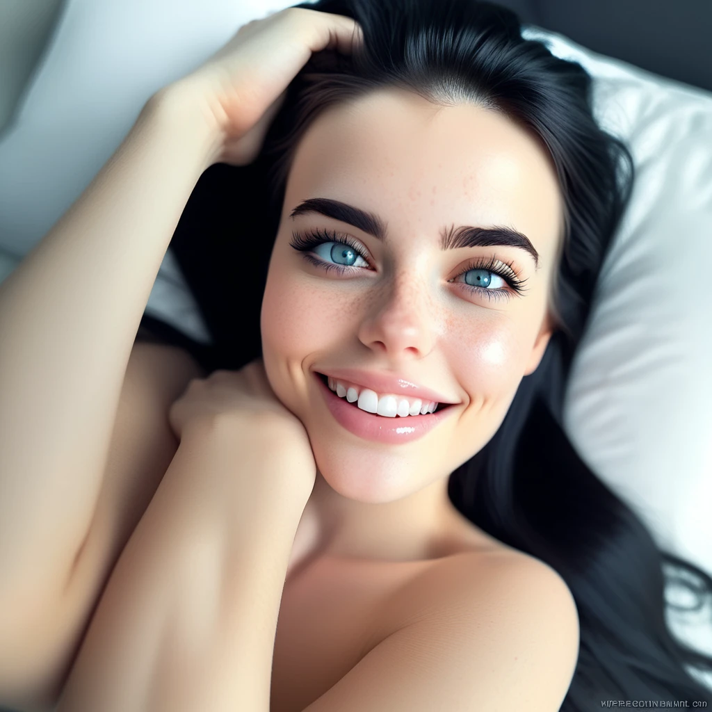 A close-up shot of the woman's face, focusing on her seductive, flirty smile as she lays on the bed in the modern bedroom, with soft lighting accentuating the contours of her features and the richness of her bright blue eyes and voluminous black hair. Hyper realistic photo, vibrant colors, 16k