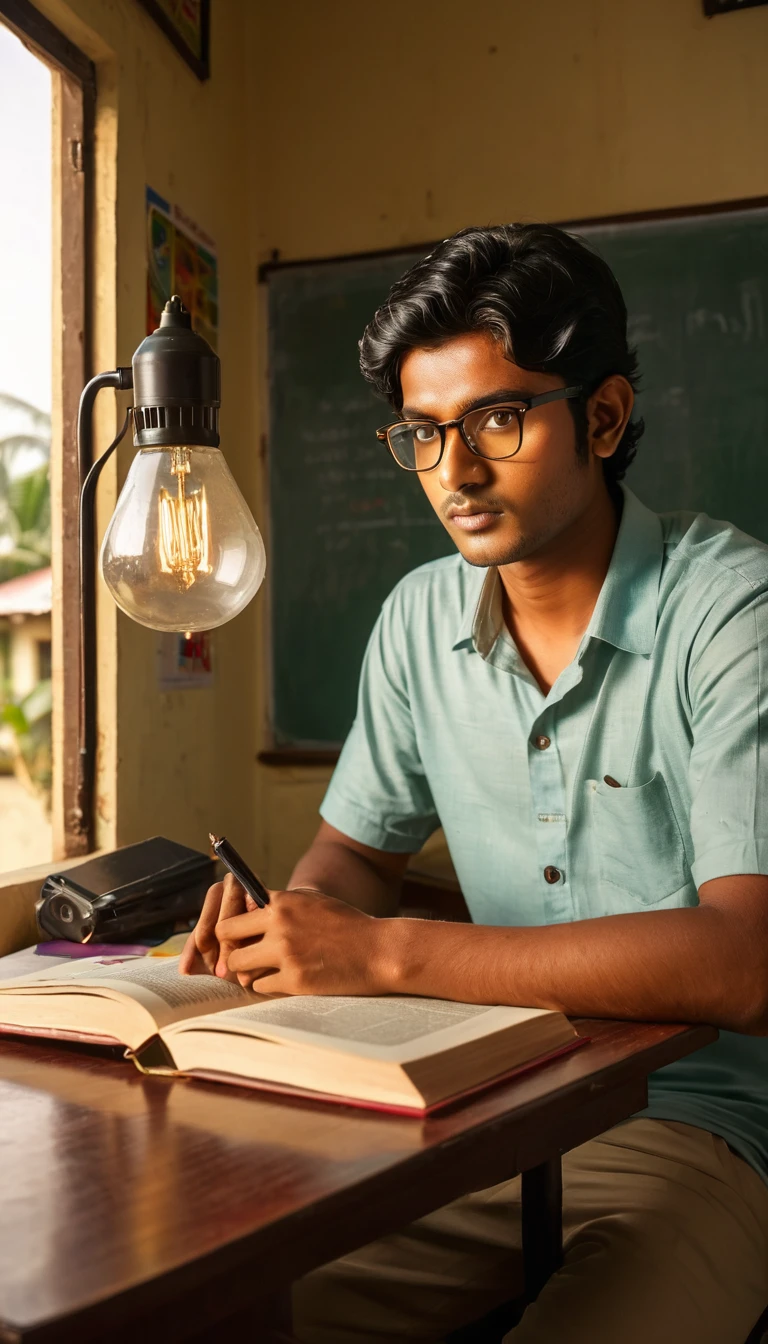 (Photography, Realism: 1.4),
23 years old, male, black hair, smart looking, Maldivian, looking out of classroom window, cinematic lighting, highly detailed eyes, highly detailed face, brown eyes, freckles, glasses, reading in the light of a table lamp, back side camera angle, india middle class room, full body image