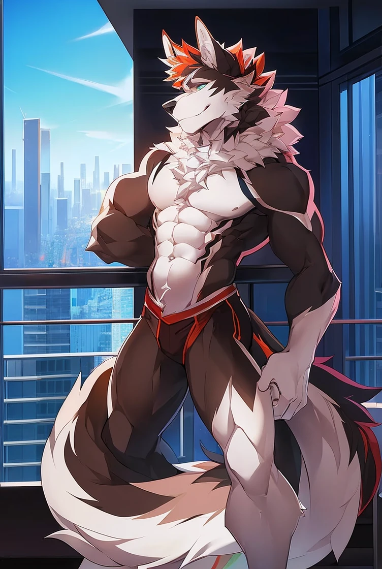 ((Solo)), male people, anthro wolf, (Multi-colored fur, White tail pointed), (Height 3meters,Tail length 2meters), Abs, pinginuscular, A long big tail, by patto, modern city
