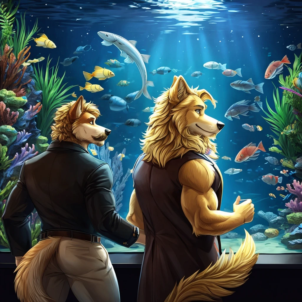 anthropomorphic golden retriever and husky mix, muscular, looking at a aquarium full of big fishes, no shading, simple, brown beard and moustache, blond fur, back view, night, black coat with yellow details, simple coloring, no shadows