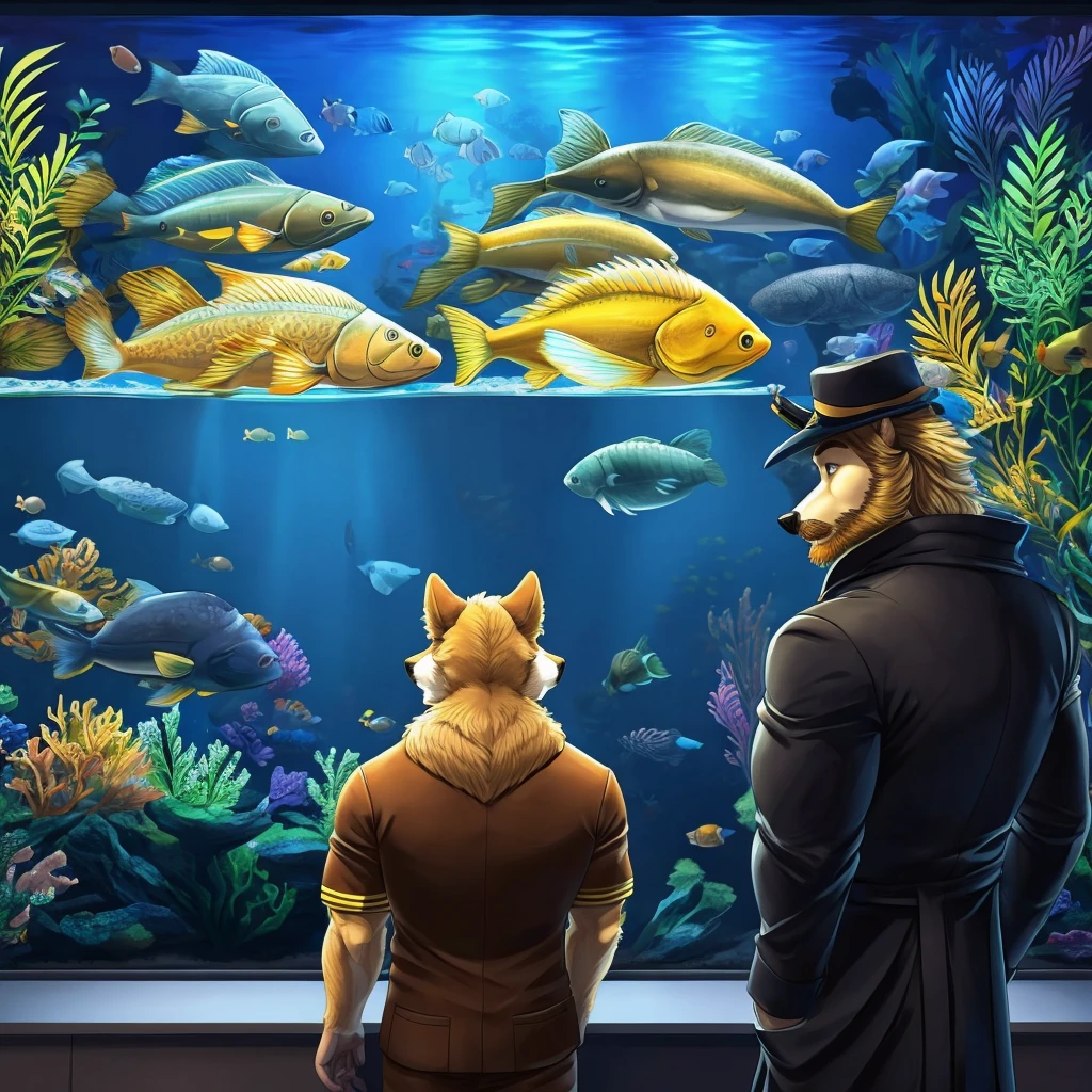 anthropomorphic golden retriever and husky mix, muscular, looking at a aquarium full of big fishes, no shading, simple, brown beard and moustache, blond fur, back view, night, black coat with yellow details, simple coloring, no shadows