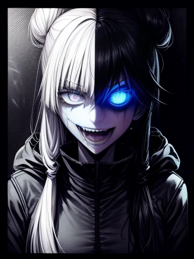 score_9, score_8_superior,score_7_superior, sauce_anime, evaluation_i doubt it, One girl, alone,EPpkNe, blue eyes, Black Hair, Blue Hair, Striped Hair, Single hair bun, Dark Skin, Dark skinned women, Large Breasts, Edgewraith, Hooded cloak, armor, Torn clothes, pale ,wearing Edgewraith , Black Lips, Black Eyeshadow, Black nails, Black Leather, night, alley, Empty Streets, full moon, One \(animal\), Creepy abominations, Green Energy, Malicious forces, Evil Necromancer, an ominous, Satanic, malicious, Atrocious, Blood, Blood splatter, Blood stain, tooth, Sharp teeth, Grin, Crazy Eyes, Crazy Smile, Monochrome, grayscale, manga, Multiple Views,
