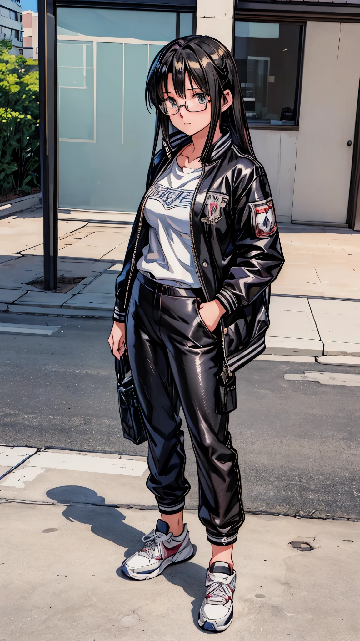 (highest quality,4K,8K,High resolution,table top:1.2), super detailed, (realistic,photorealistic,photo-realistic:1.37), ((Outside the school)),((full body)),(one girl),(Glasses Girl),(rage),(Perplexed),(black hair),(long hair),((sportswear,Jersey jacket,jersey pants)),((sneakers)),beautiful and fine eyes, beautiful detailed lips, highly detailed eyes and face, long eyelashes, realistic anime 3D style, Smooth anime CG art,Moe anime art style, photorealistic rendering of an anime girl,Cute anime girl visuals, realistic young anime girl, girl fan art, Created by Anime Artist Waiting to start