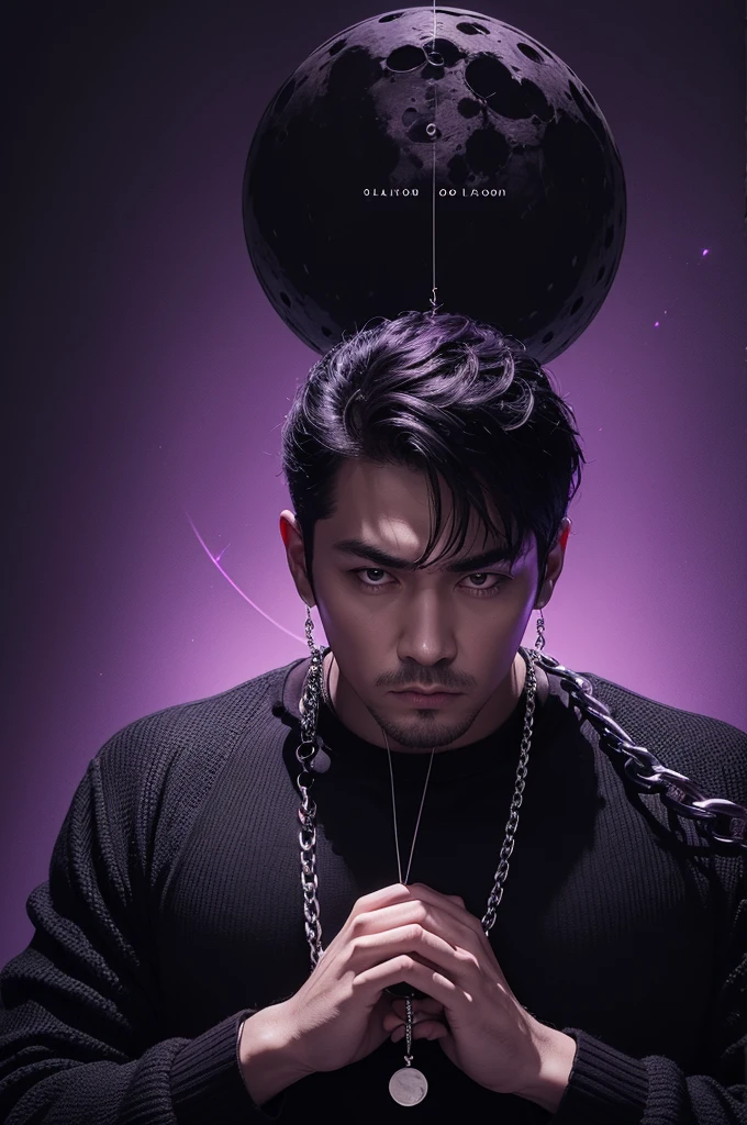 A music album cover, Predominant black and purple background, Top view of a strong man holding a chain with a moon at the top of that chain