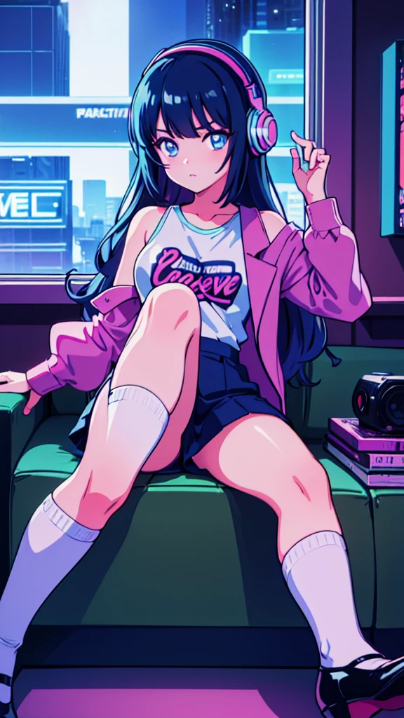 (masterpiece), Highest quality, Expressive eyes, Neon pastel aesthetics, Retro 90s, Neon color,((Girl sitting on sofa,In a cozy room,Records hanging on her wall, Comic books on the floor, Looking out the window behind her at the night city, Upholstered room, Anime figures lined up on a shelf)), Wearing headphones, (All around her it sparkles), (Wearing high socks and heels), (blue eyes), (Soft look), (Synthwave Art Style), Colorful Hair, Desk with PC set up