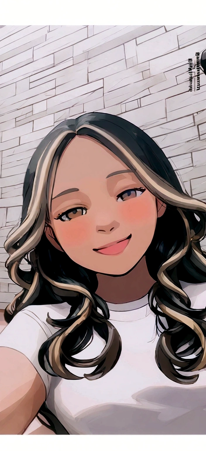 best qualityer)), ((work of art)), (detailded), ( disney pixar style),  long wavy hair with blonde highlights at the front of the hair, slightly slanted brown eyes, smiling with your mouth closed