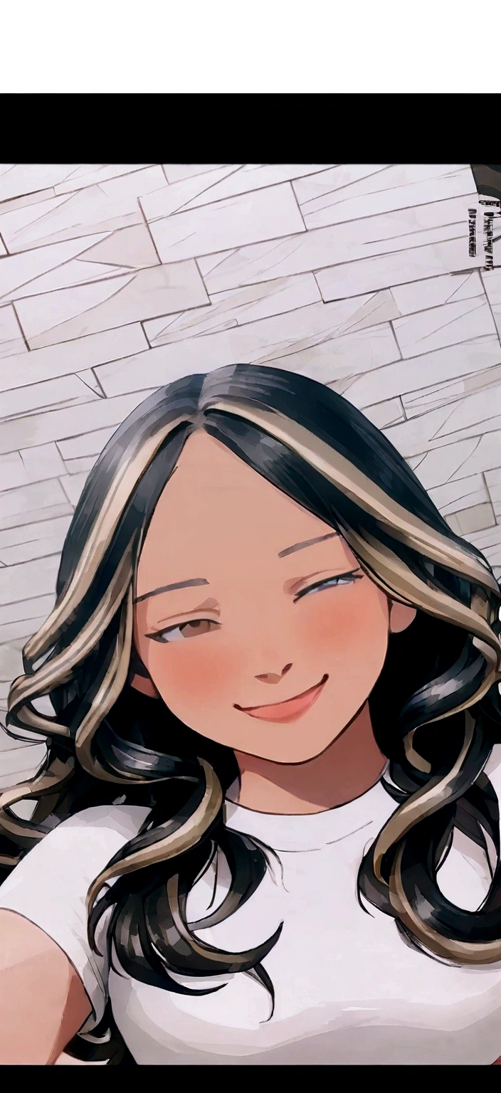 best qualityer)), ((work of art)), (detailded), ( disney pixar style), long wavy hair with blonde highlights at the front of the hair, slightly slanted brown eyes, smiling with your mouth closed