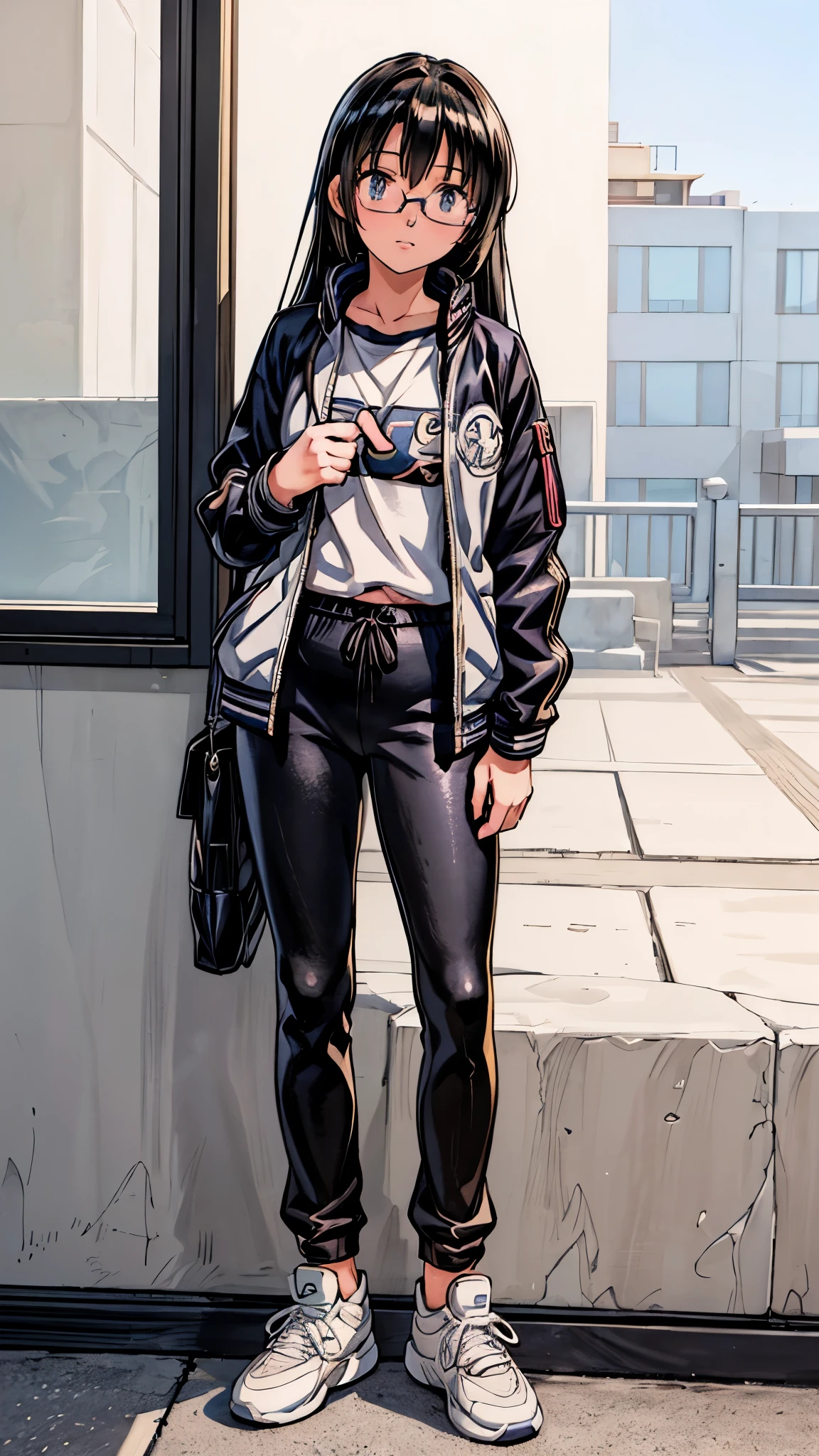 (highest quality,4K,8K,High resolution,table top:1.2), super detailed, (realistic,photorealistic,photo-realistic:1.37), ((Outside the school)),((full body)),(one 17 years old girl),(Glasses Girl),(rage),(Perplexed),(black hair),(long hair),((sportswear,Jersey jacket,jersey pants)),((sneakers)),beautiful and fine eyes, beautiful detailed lips, highly detailed eyes and face, long eyelashes, realistic anime 3D style, Smooth anime CG art,Moe anime art style, photorealistic rendering of an anime girl,Cute anime girl visuals, realistic young anime girl, girl fan art, Created by Anime Artist Waiting to start