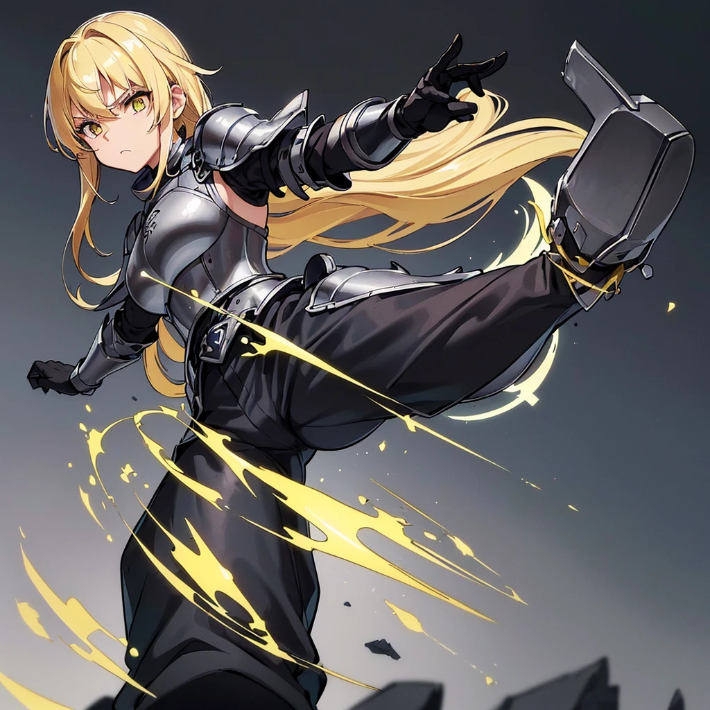 (((Solo)))、Highest quality, Best Quality、(((Gray simple armor、Black trousers、Black gloves))、(woman、18-year-old)、(Blonde、Long Hair)、Grab the sword、(Simple Background)、(Fighting stance, battle)、Dramatic Angle、(Blue and yellow aura)、From below