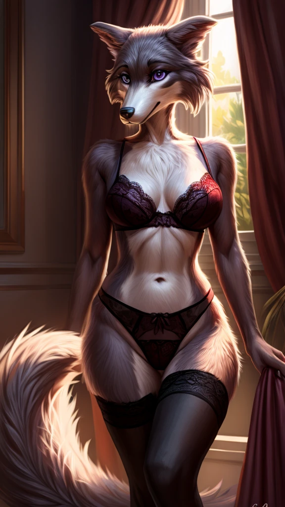 Juno, girl, detailed, realistic,purple pupils, (detailed face), (more details, detailed background:1.1), lace bra, lace panties,stockings, lace underwear, full-length, slender,voluminous breasts, sexy pose, neat muzzle,wolf tail,high hyperrealistic fur, beige fur, neat wolf face, high quality, voluminous hips,perfect tail position