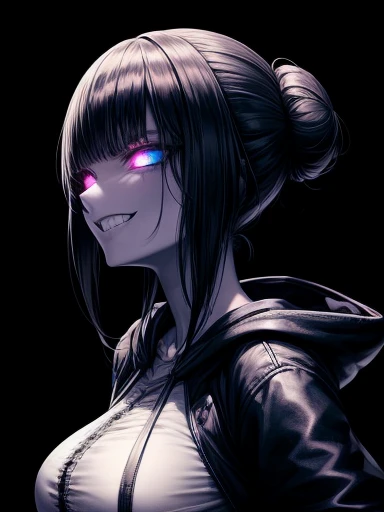score_9, score_8_superior,score_7_superior, sauce_anime, evaluation_i doubt it, One girl, alone,EPpkNe, blue eyes, Black Hair, Blue Hair, Striped Hair, Single hair bun, Dark Skin, Dark skinned women, Large Breasts, Edgewraith, Hooded cloak, armor, Torn clothes, pale ,wearing Edgewraith , Black Lips, Black Eyeshadow, Black nails, Black Leather, night, alley, Empty Streets, full moon, One \(animal\), Creepy abominations, Green Energy, Malicious forces, Evil Necromancer, an ominous, Satanic, malicious, Atrocious, Blood, Blood splatter, Blood stain, tooth, Sharp teeth, Grin, Crazy Eyes, Crazy Smile, Monochrome, grayscale, manga, Multiple Views,