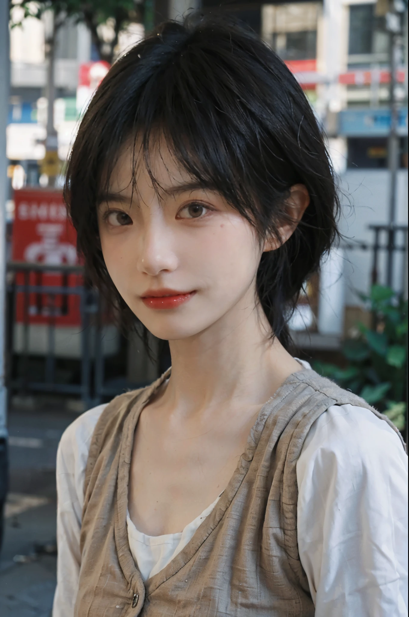 (Skin details:1.4), (smooth skin textures:1.3), Lipstick, background, Direct vision, earrings, serene, calm, (Realistic and detailed eyes:1.2), Natural skin texture, Realistic facial details, Soft dramatic lighting, Vivid details, 35 mm film, outdoor, (Photo Practical:1.4), (hyper Practical:1.4), (Practical:1.3), (Smoother lighting:1.05), (Improve lighting quality:0.9), (Highest quality real skin textures:1.4), Exquisite eyes, Delicate face, Close-up of face, (Enhance the beauty of skin texture:1.1), Hair details, Vest,normal body ratio, short hair, Moles under the eyes, thinking, A faint smile,公园background,Portrait Photography, Depth of Field, Bokeh, Surrealism, Ray Tracing, (Portrait Photography:1.1), Surrealism, High Detail, Chiaroscuro, Ray Tracing, reflected light, Ultra HD, Ultra HD, masterpiece, Textured Skin, Super Detail, High Detail, high quality, best quality