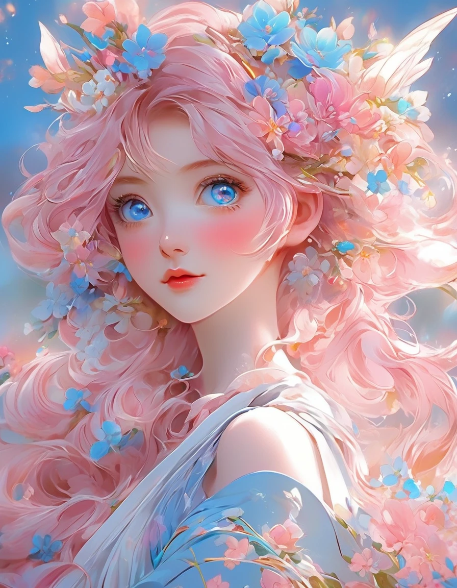 Pink hair and blue eyes、Anime girl with flowers in her hair, Cute and detailed digital art, Anime Style 4k, Beautiful digital illustrations, Beautiful anime portraits, Beautiful digital artwork, Digital anime art, Anime fantasy illustration, anime art wallpaper 4k, anime art wallpaper 4k, Beautiful artwork illustration, Cute digital art, Beautiful Art UHD 4K, Beautiful digital art