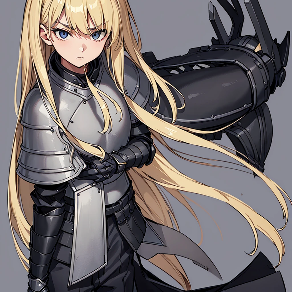 (((Solo)))、Highest quality, Best Quality、(((Gray simple armor、Black trousers))、(woman、18-year-old)、(Blonde、Long Hair)、(Cowboy Shot)、(Simple Background)、(get annoyed)、(Close your right eye)