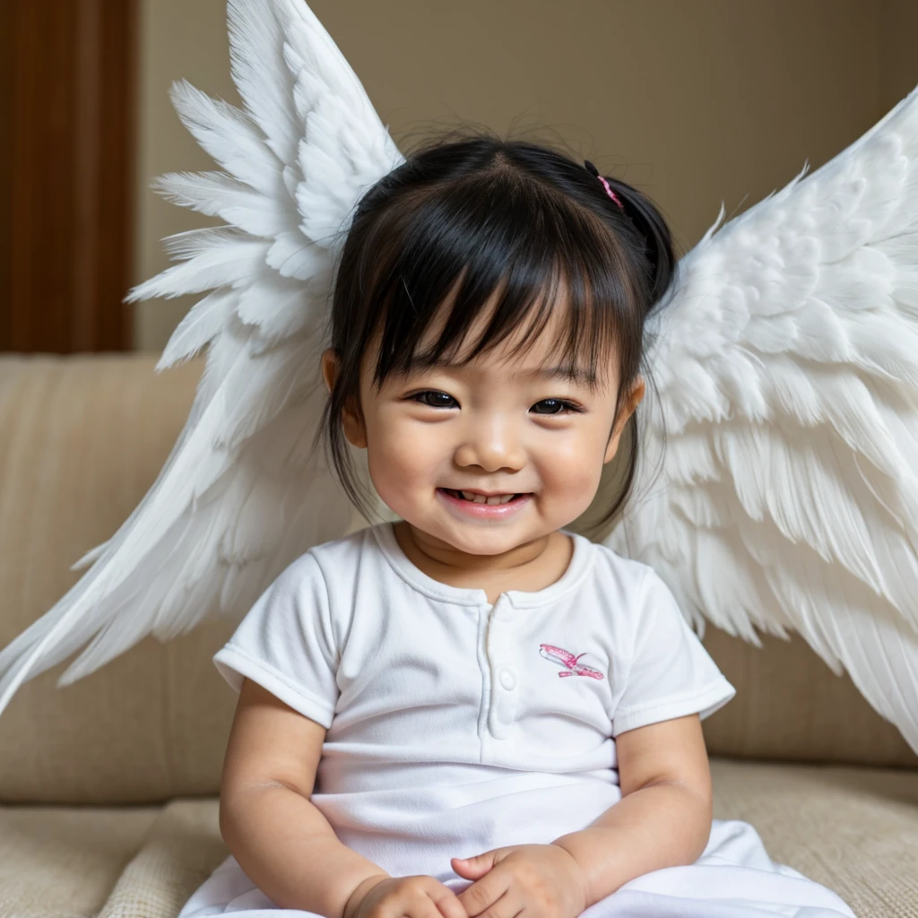 Asian baby girl, with angel wings, smiling, long eyelashes, face left