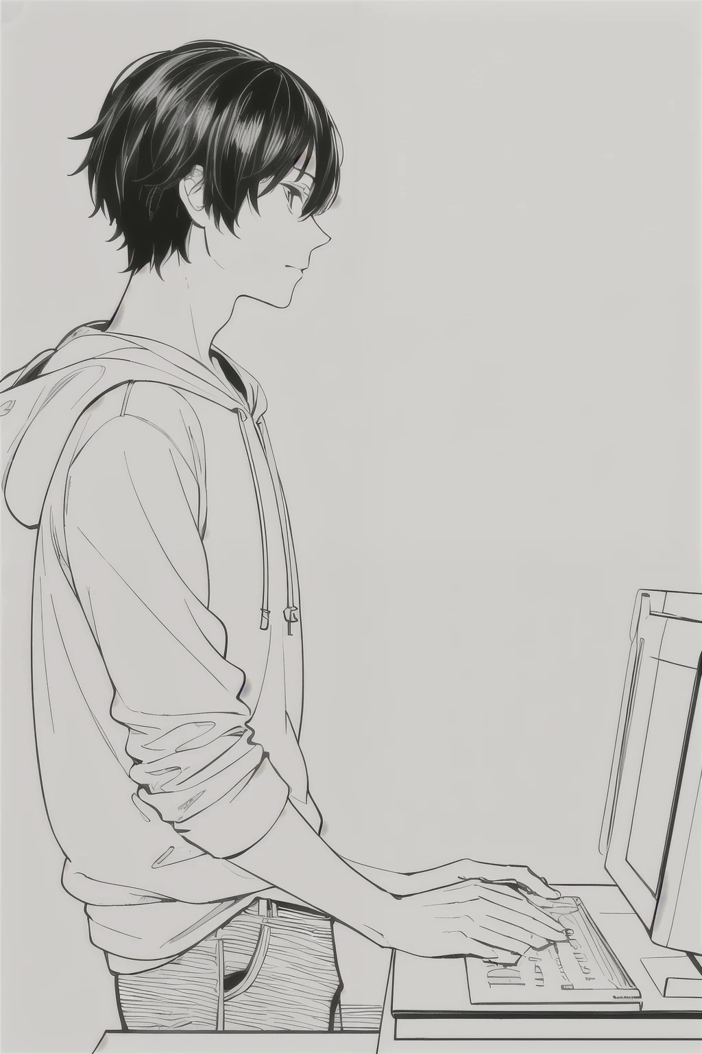 masterpiece, Highest quality, One man, alone, Short Hair, Beautiful profile,hoodie,I have a computer,Simple Background,White background,Line art, Monochrome,