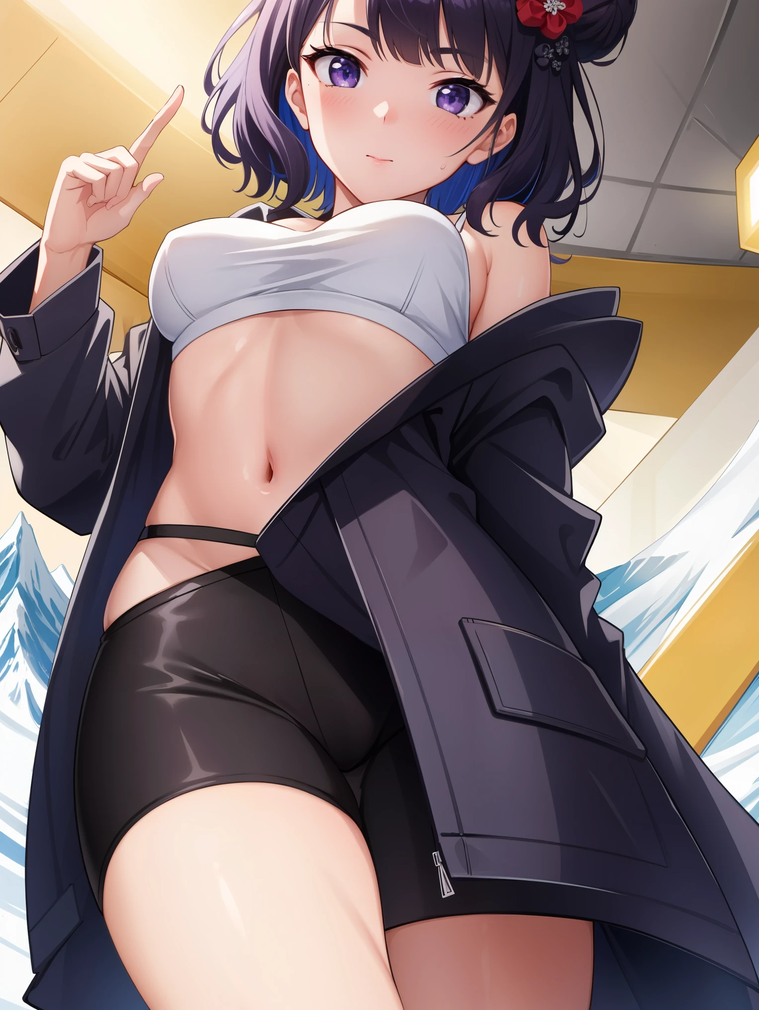 (day:1.7), standing in front of a snow covered mountain, winter,(close-Up:1.4),
Standing,bare legs,
yellow jacket, open jacket, sports bra, bike shorts, midriff,
hokusai, short hair, bangs, hair ornament, (purple eyes:1.1), purple hair, flower, hair flower, hood, hair bun, single hair bun,
1 girl, 20yo,mature female,Beautiful Finger,Beautiful long legs,Beautiful body,Beautiful Nose,Beautiful character design, perfect eyes, perfect face,
looking at viewer,(light_smile:0.3),(Closed_mouth),
NSFW,official art,extremely detailed CG unity 8k wallpaper, perfect lighting,Colorful, Bright_Front_face_Lighting,
(masterpiece:1.0),(best_quality:1.0), ultra high res,4K,ultra-detailed,
photography, 8K, HDR, highres, absurdres:1.2, Kodak portra 400, film grain, blurry background, bokeh:1.2, lens flare, (vibrant_color:1.2)
(Beautiful,medium_Breasts:1.4), (beautiful_face:1.5),(narrow_waist),(perfect hands, perfect anatomy),