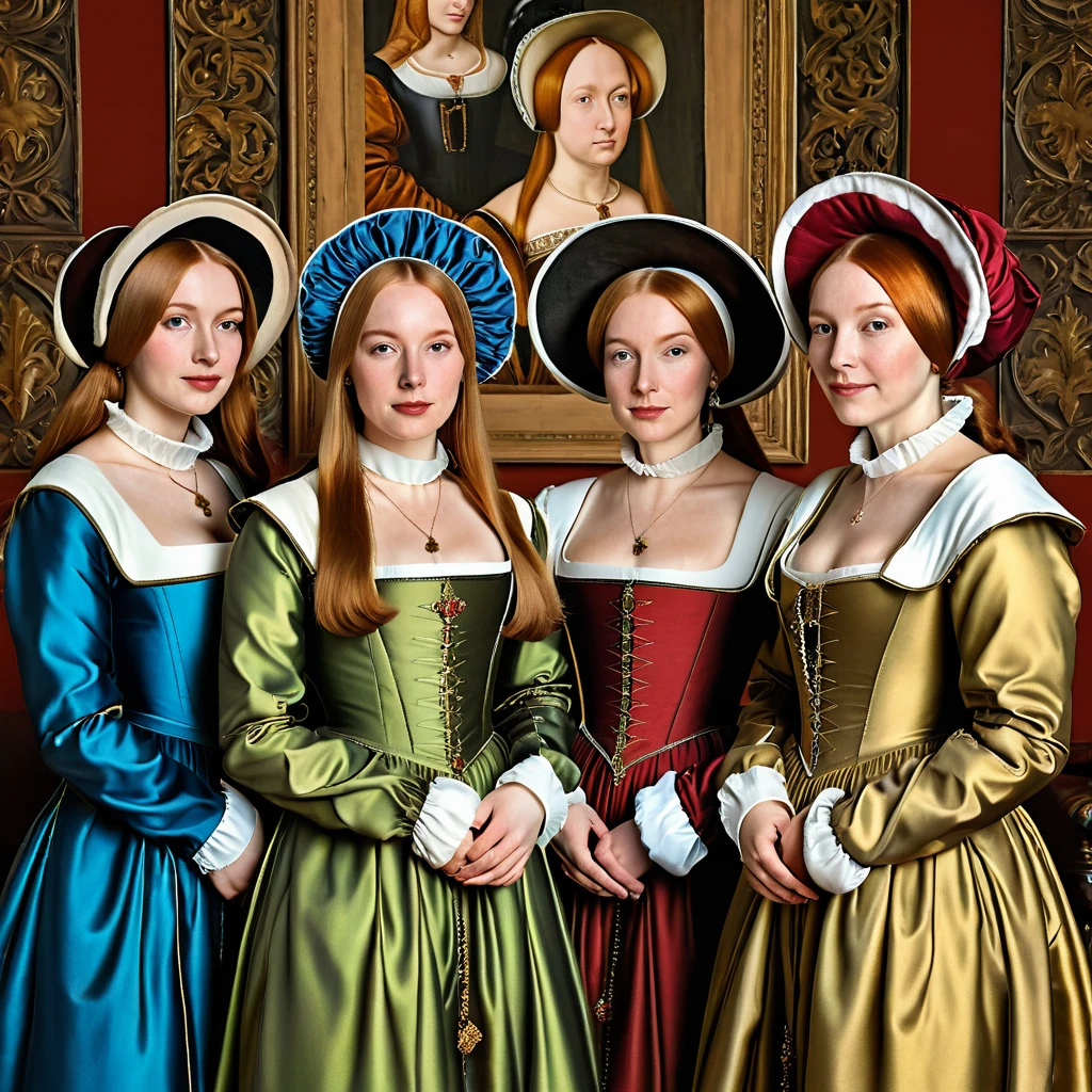 a group of women wearing different hats and gowns, wearing elegant tudor clothes, renaissance era clothing, 1 6 century style, each wearing correct era clothes, wearing a tudor style dress, wearing medieval clothes, historical artworks, northern renaissance style, renaissance style, inspired by Hans Holbein the Elder, medieval period, inspired by Hans Holbein the Younger, hans holbein