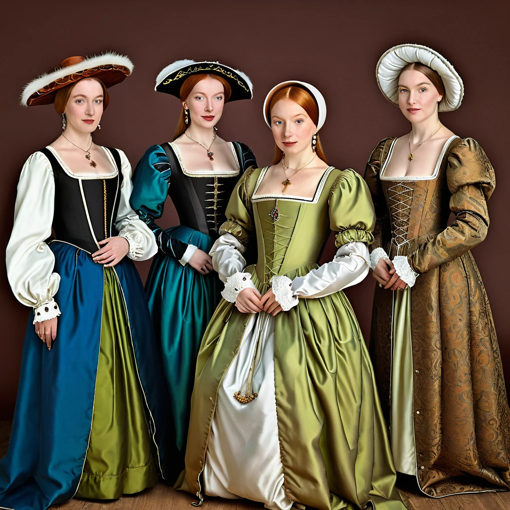 a group of women wearing different hats and gowns, wearing elegant tudor clothes, renaissance era clothing, 1 6 century style, each wearing correct era clothes, wearing a tudor style dress, wearing medieval clothes, historical artworks, northern renaissance style, renaissance style, inspired by Hans Holbein the Elder, medieval period, inspired by Hans Holbein the Younger, hans holbein