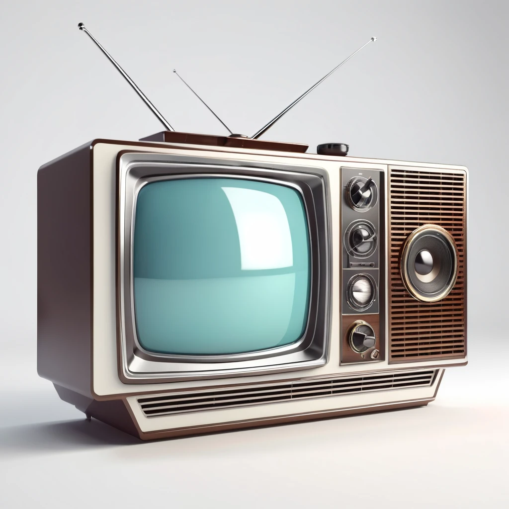 retro tv station, on white background, high-angle photo, soft light, 3d render, wide angle shooting, raw