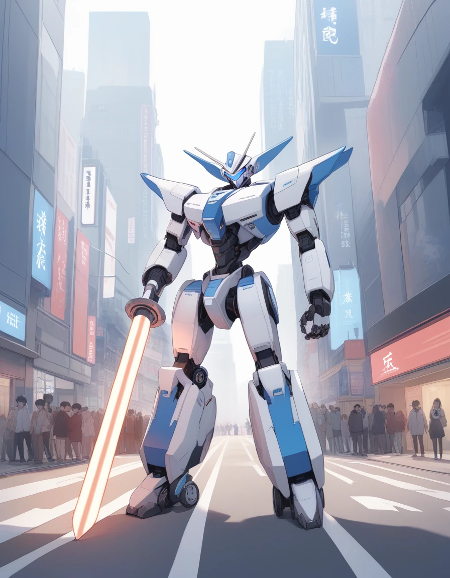 The robot is rideable by humans and is 20m long with red, blue and white body colors.、Please draw him posing in the city waving his beam saber。