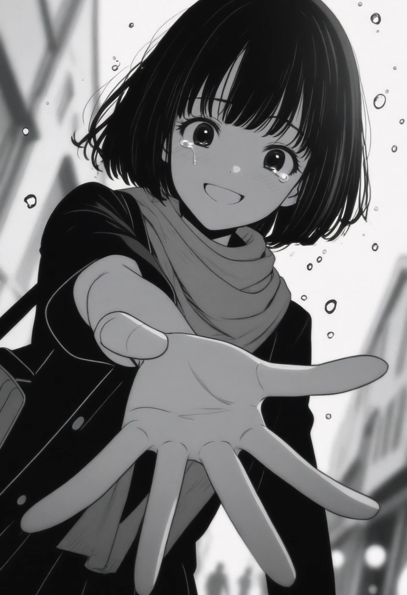 masterpiece, best quality, 1girl, mamerakkkkko, grayscale, manga style, japanese, chi no wadachi, black eyes, street, iced, black hair, schoolbag, smile, lineart, black coat, black scarf, black pleated skirt, leggins, centered, 18 years old, tall, fair skinned, bokeh background, crying, tears, tears streaming, bob cut, light particles, centered, snowing, (((reaching out left hand to viewer, perfect hand, detailed hand:1.1)), emotional anime scene
(very aesthetic, best quality, ultra detailed), intricate details