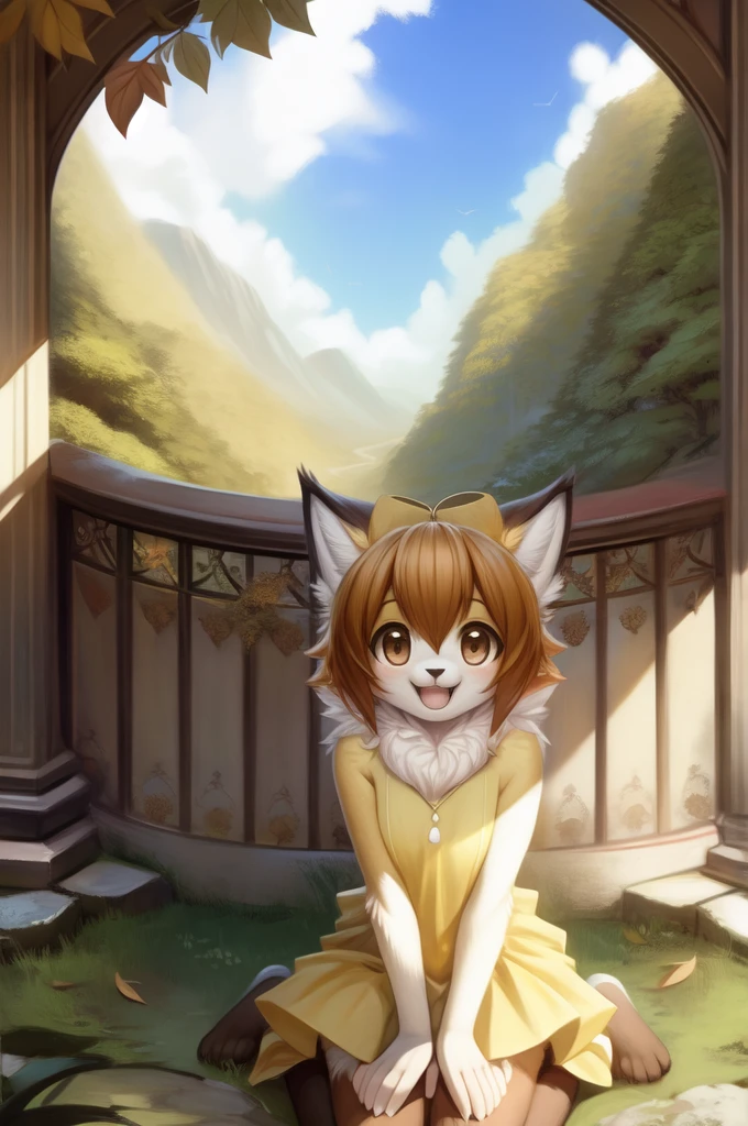 by woolrool,,, Kari_Kamiya furry, detailed and extremely fluffy body fur, fluff, masterpiece, looking up beautiful surroundings, detailed background, happy, leaf-dress, short stature, sexy anthro