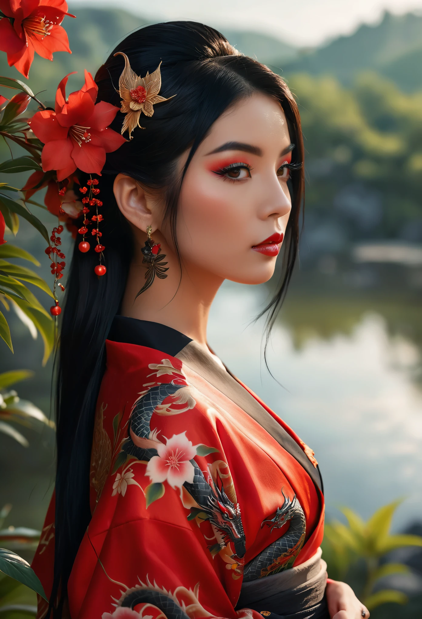 a beautiful young woman wearing a red and black kimono with intricate dragon tattoos on her back, her long black hair adorned with a hair ornament, gazing pensively over her shoulder at the viewer, holding a sprig of flowers, standing outdoors in a serene landscape, (best quality,8k,highres,masterpiece:1.2),ultra-detailed,realistic,photorealistic,photo-realistic:1.37,stunning detailed eyes,beautiful detailed lips,extremely detailed face and features,long eyelashes,elegant,thoughtful expression,off-the-shoulder kimono,bare shoulders,cinematic lighting,vibrant colors,intricate tattoo designs,natural setting