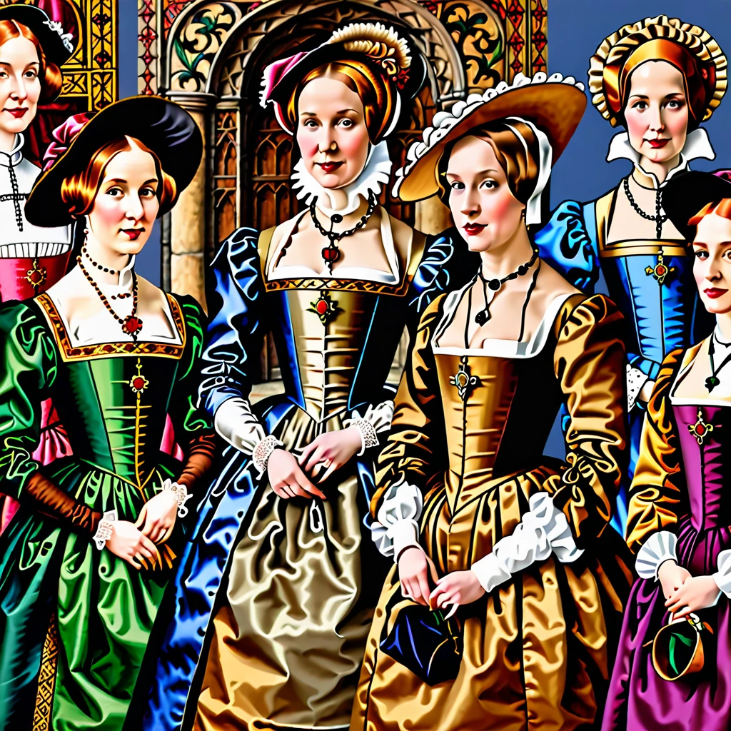 a group of women wearing different hats and gowns, an illustration of inspired by Hans Holbein the Elder, shutterstock, renaissance, wearing elegant tudor clothes, renaissance era clothing, 1 6 century style, each wearing correct era clothes, wearing a tudor style dress, wearing medieval clothes, historical artworks, northern renaissance style, renaissance style, medieval period, hans holbein
