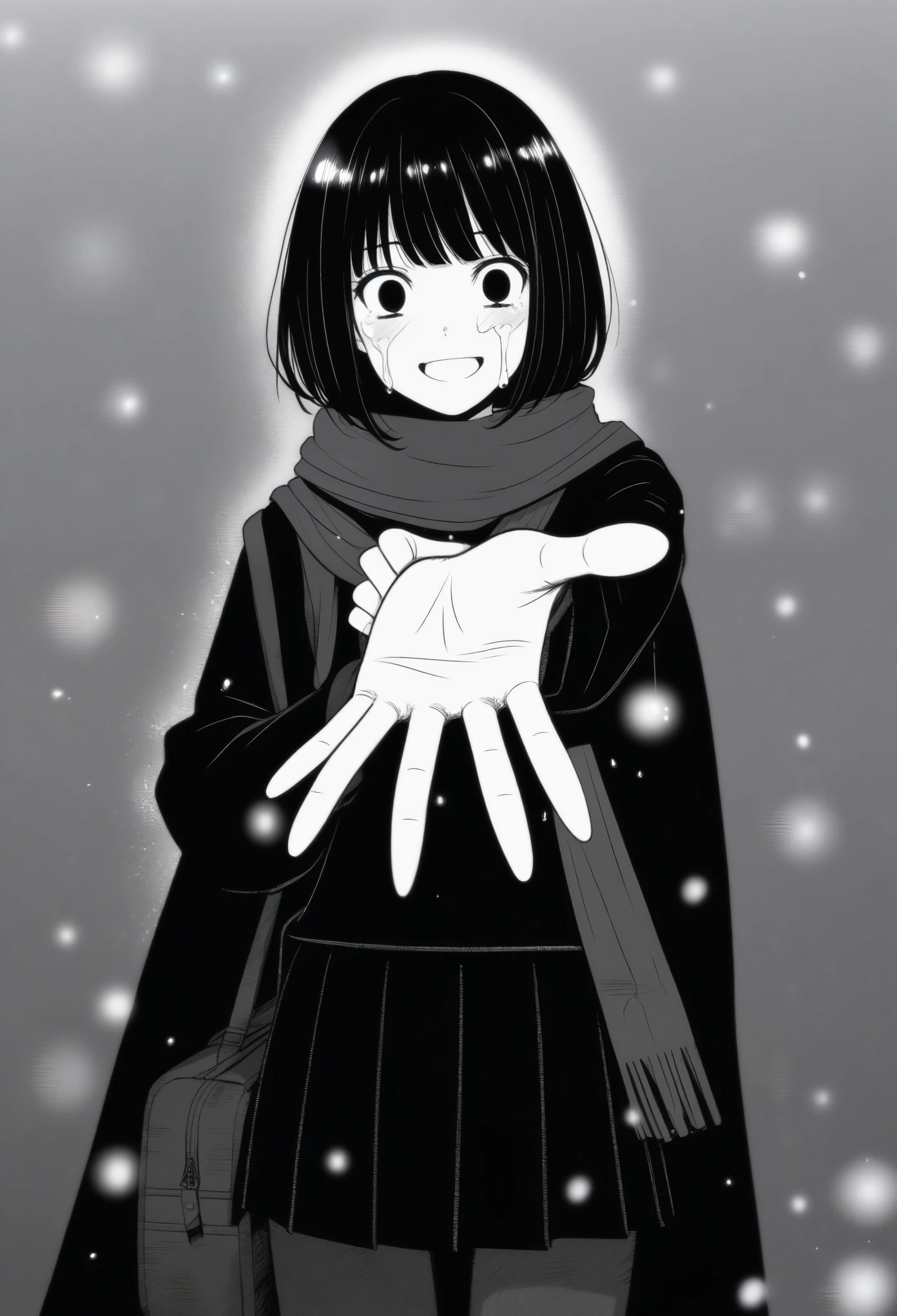 masterpiece, best quality, 1girl, mamerakkkkko, grayscale, manga style, japanese, chi no wadachi, black eyes, street, iced, black hair, schoolbag, smile, lineart, black coat, black scarf, black pleated skirt, leggins, centered, 18 years old, tall, fair skinned, bokeh background, crying, tears, tears streaming, bob cut, light particles, centered, snowing, (((reaching out left hand to viewer, perfect hand, detailed hand:1.1)), emotional anime scene