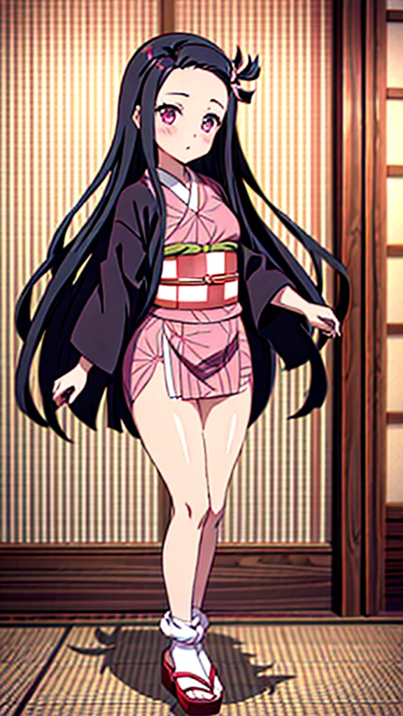 Sexy nezuko benting towards viewer , kimono , sexy thighs , blush , stockings on feet , full body view 