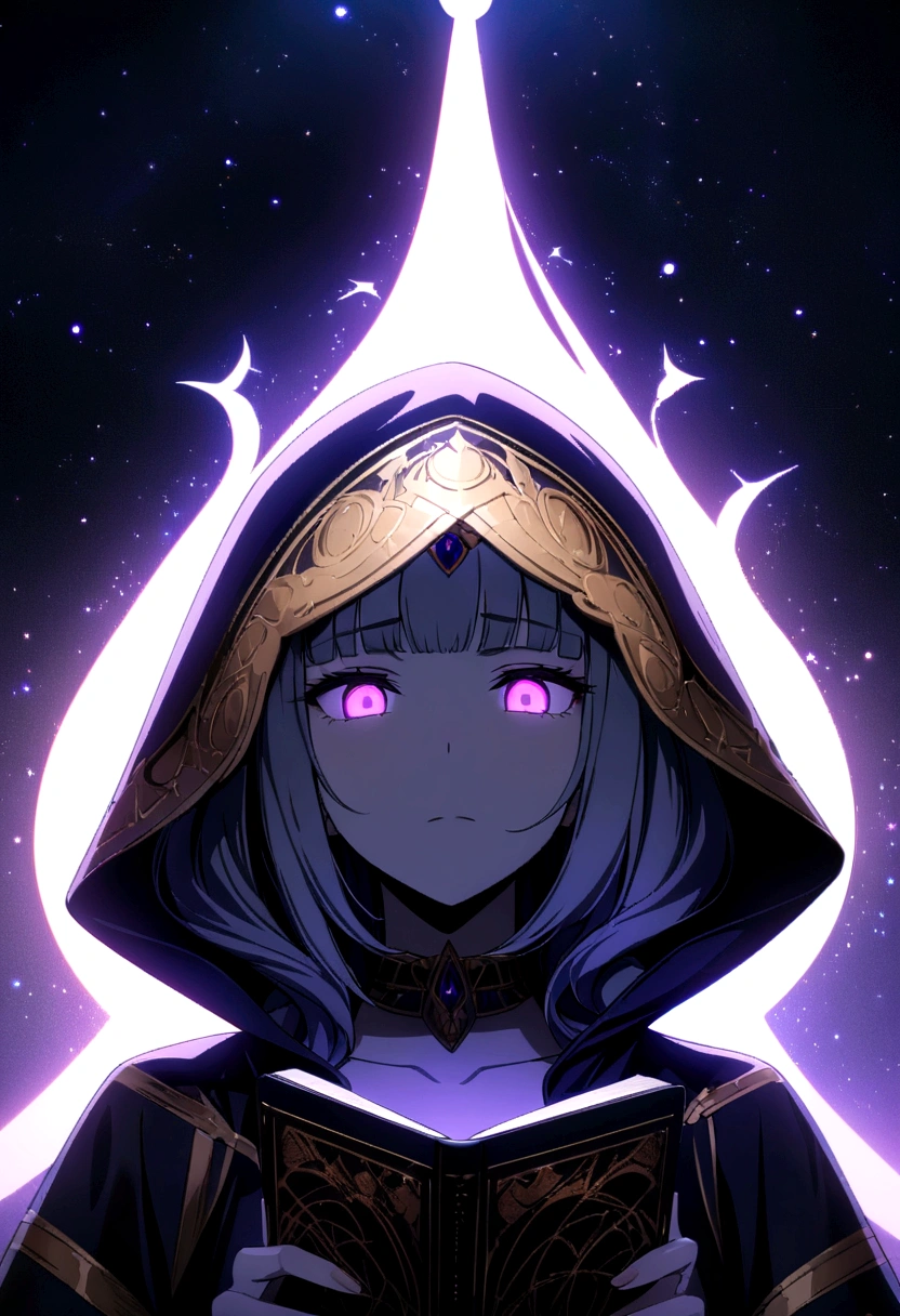 Portrait of a gloomy woman in a hood reading a book, portrait of a night goddess, girl with a sad face, glowing eyes, in the background are stars, divine, darkness magic, best quality, ultra-high resolution, 4K detailed CG, masterpiece, aesthetic, centered on the screen