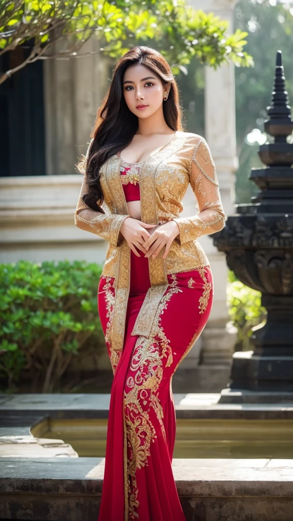 masterpiece, ultra realistic,32k,intricate details, sharp focus, realistic, closed, seductive pose, black eyes, jewelr, lips, realistic, looking_at_viewer, irene1, wet skin, shiny skin, long sleeves, indonesian clothes, bali, balinese, cityscape, dynamic pose, red kebaya,full body,busty body,curvy body,long hair,beauty face,cowboy shot
