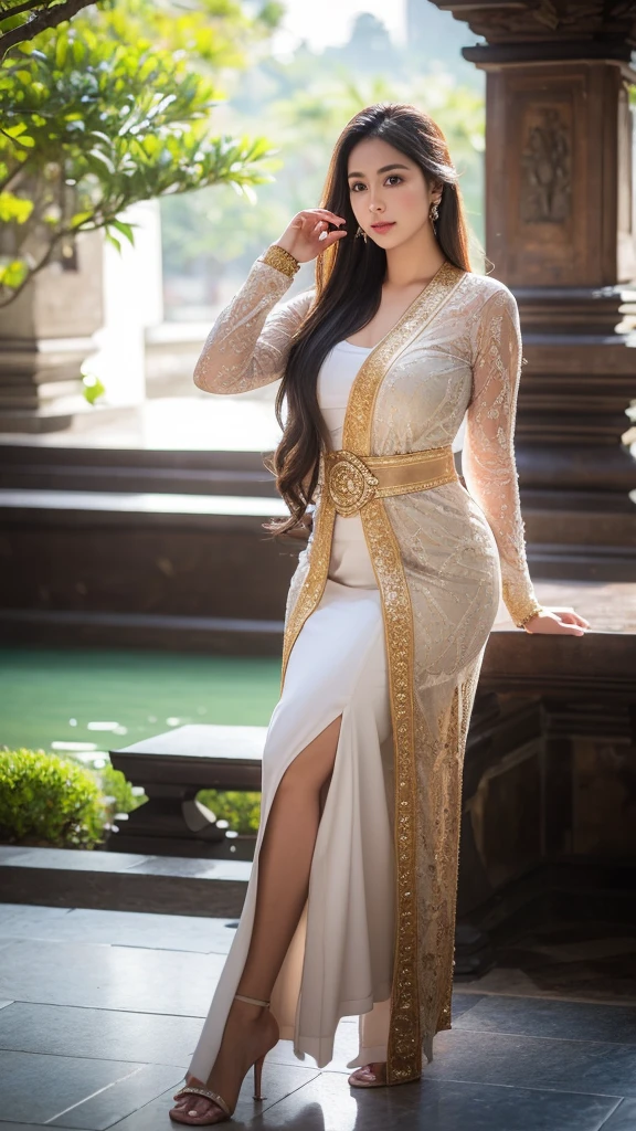 masterpiece, ultra realistic,32k,intricate details, sharp focus, realistic, closed, seductive pose, black eyes, jewelr, lips, realistic, looking_at_viewer, irene1, wet skin, shiny skin, long sleeves, indonesian clothes, bali, balinese, cityscape, dynamic pose, red kebaya,full body,busty body,curvy body,long hair,beauty face,cowboy shot