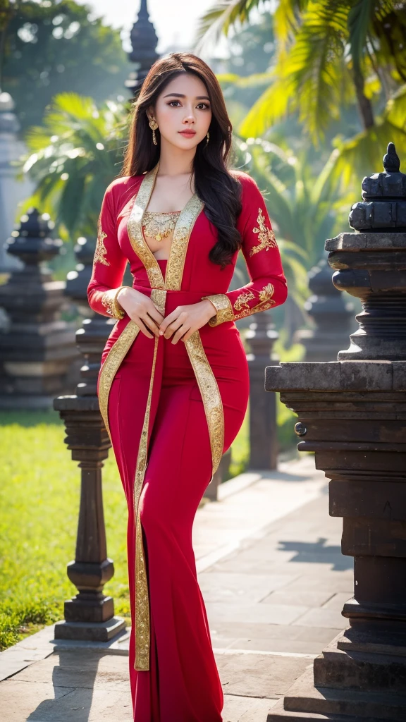 masterpiece, ultra realistic,32k,intricate details, sharp focus, realistic, closed, seductive pose, black eyes, jewelr, lips, realistic, looking_at_viewer, irene1, wet skin, shiny skin, long sleeves, indonesian clothes, bali, balinese, cityscape, dynamic pose, red kebaya,full body,busty body,curvy body,long hair,beauty face,cowboy shot