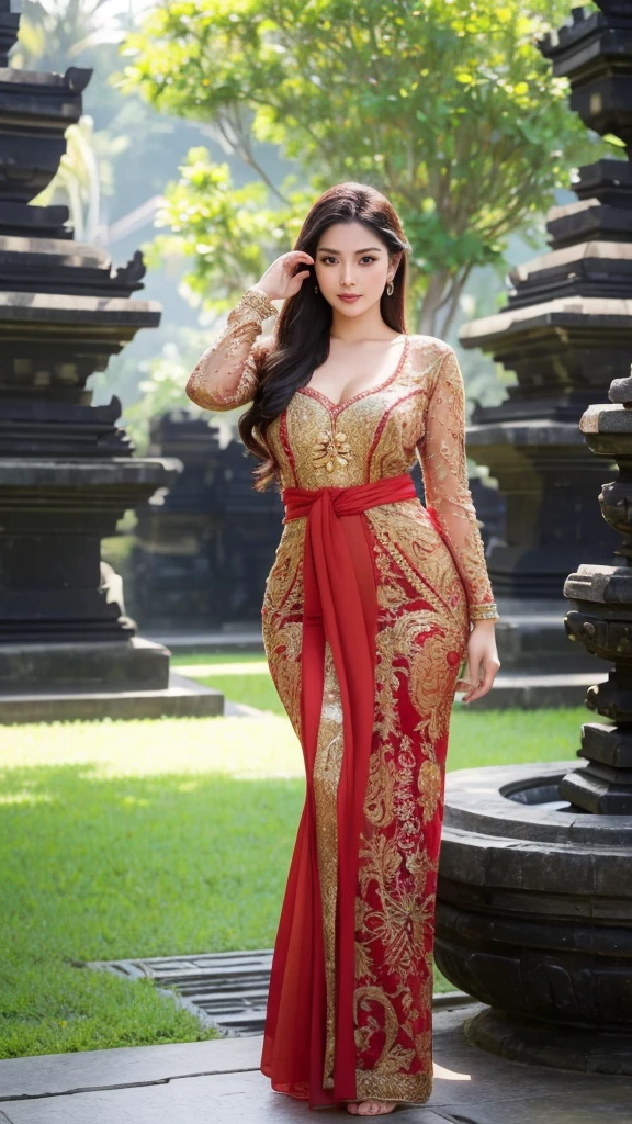 masterpiece, ultra realistic,32k,intricate details, sharp focus, realistic, closed, seductive pose, black eyes, jewelr, lips, realistic, looking_at_viewer, irene1, wet skin, shiny skin, long sleeves, indonesian clothes, bali, balinese, cityscape, dynamic pose, red kebaya,full body,busty body,curvy body,long hair,beauty face,cowboy shot