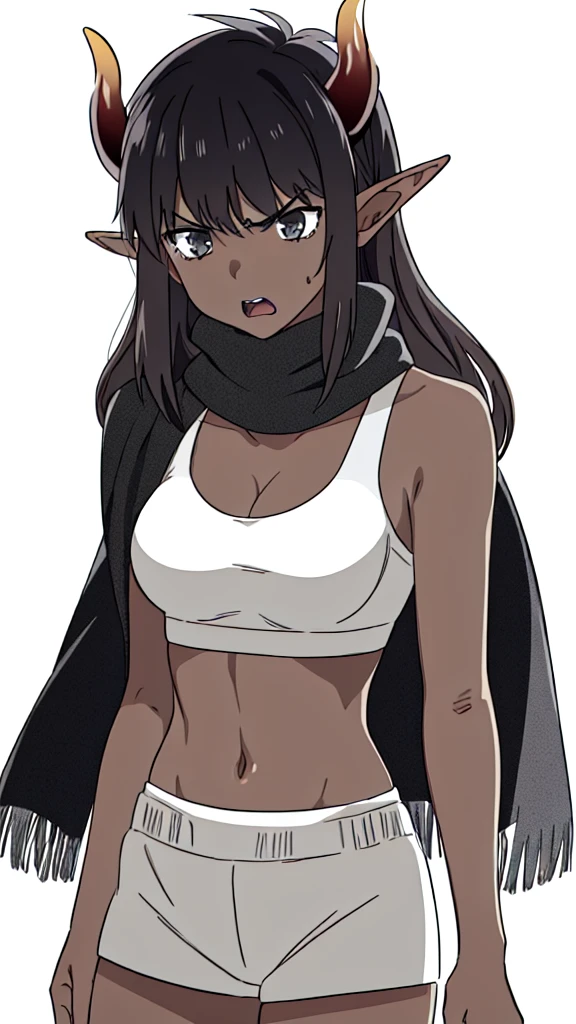 ((1girl,solo,mature female,25 years old,adult)),medium breasts,long hair, black hair,angry expression,horns,elf ears,((black scarf)),cleavage,(dark skin),((black sports bra, midriff)),white background