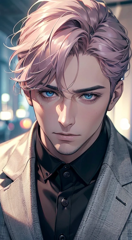 (best quality,4k,8k,highres,masterpiece:1.2),ultra-detailed,(realistic,photorealistic,photo-realistic:1.37),cinematic lighting,1:4 hdr image,a mature man, 32 years old,very handsome,cold expression,short grey pink hair,blue eyes,flawless face,buttoning his jacket,CEO