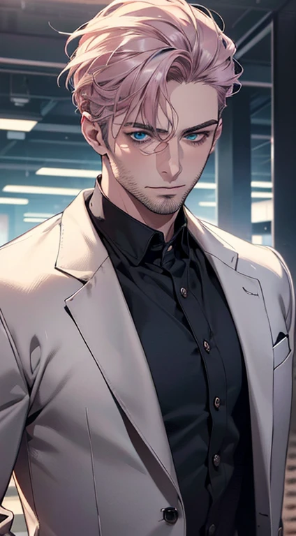 (best quality,4k,8k,highres,masterpiece:1.2),ultra-detailed,(realistic,photorealistic,photo-realistic:1.37),cinematic lighting,1:4 hdr image,a mature man, 32 years old,very handsome,cold expression,short grey pink hair,blue eyes,flawless face,buttoning his jacket,CEO