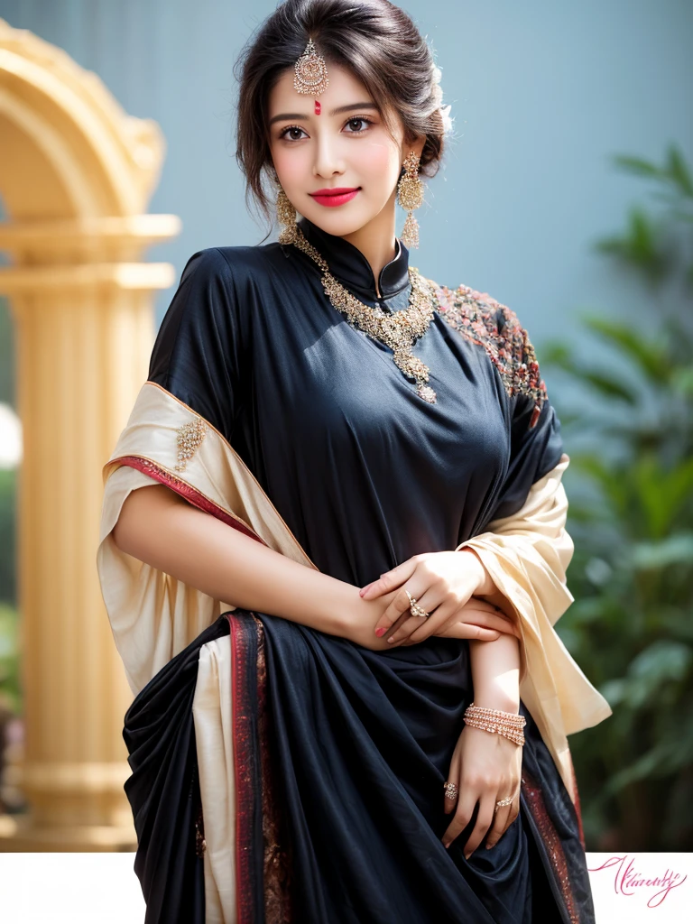 A young woman adorned in very elegant traditional Indian attire. Indian wedding photoshoot. ((Perfect face))