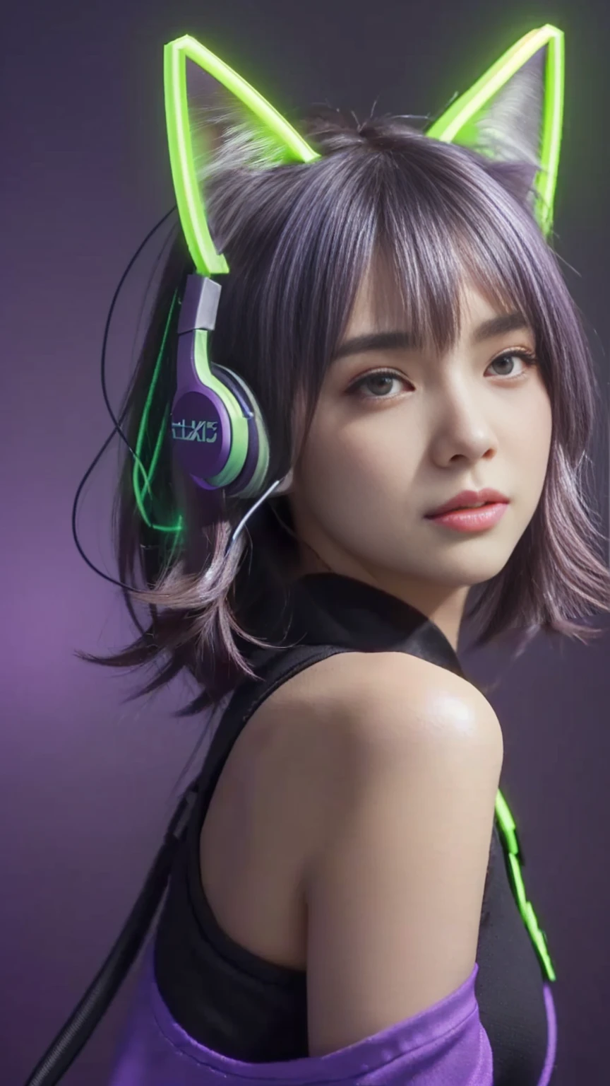 a close up of a woman With headphones on wearing a cat ear, Wearing purple headphones, Ilya Kuvshinov. 4k yen, With headphones, Wear a gaming headset, 8k art germany bokeh, A mix of anime style and Fujifilm, Wearing a gaming headset, With headphones, Lostrun 8k, eSports Style
