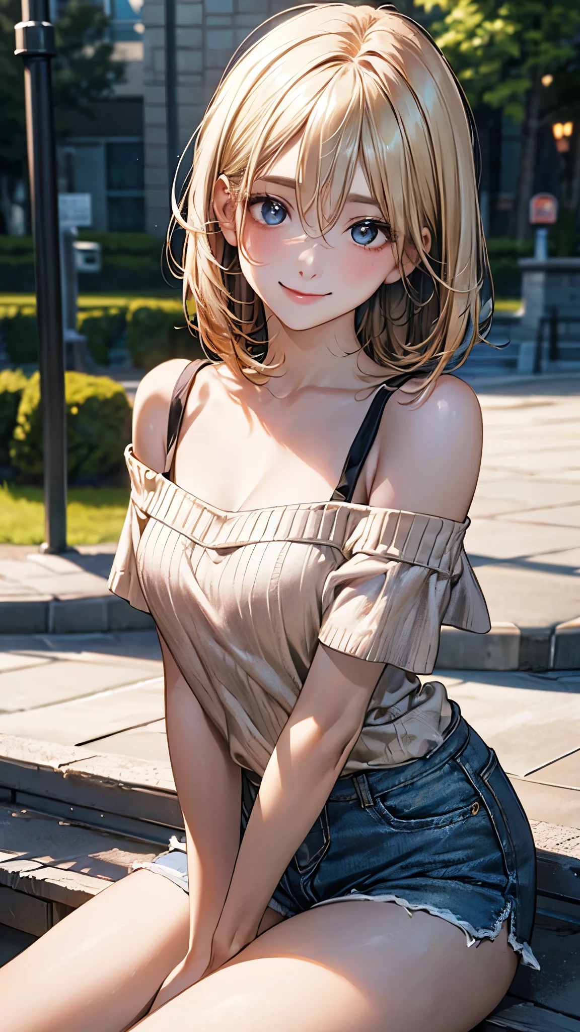 (masterpiece:1.2, top-quality), (realistic:1.1, photorealistic:1.4), beautiful illustration, (perfect lighting, natural lighting), depth of fields,
beautiful detailed hair, beautiful detailed face, beautiful detailed eyes, beautiful clavicle, beautiful body, beautiful chest, beautiful thigh, beautiful legs, beautiful hands,
looking at viewer, 1 girl, high school girl, perfect face, cute and symmetrical face, shiny skin,
(short hair:1.5, bob cut:1.2, ash blonde hair), hair between eyes, blue eyes, drooping eyes, big eyes, long eye lasher, (medium breasts, thick thighs),
(short sleeve off-shoulder yellow green sweater, black tanktop, denim shorts roll-up),
(beautiful scenery), evening, (park:1.2), sitting park bench, (lovely smile, upper eyes),