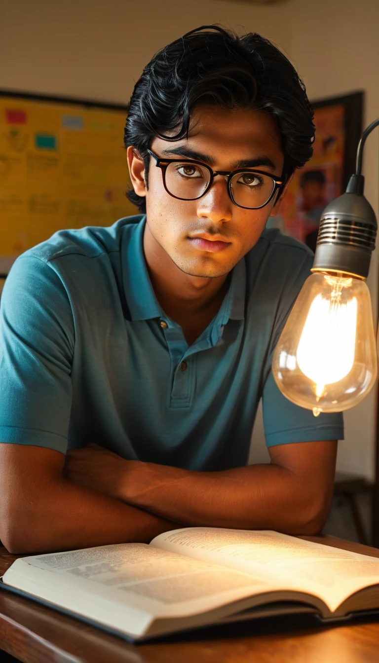 (Photography, Realism: 1.4),
23 years old, male, black hair, smart looking, Maldivian, looking out of classroom window, cinematic lighting, highly detailed eyes, highly detailed face, brown eyes, freckles, glasses, reading in the light of a table lamp, back side camera angle, Do not look in front